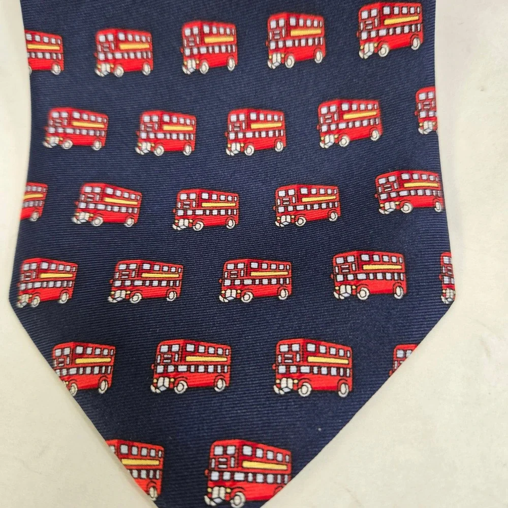 The Tie Studio London Mens Silk Tie Navy Blue Red Double Decker Bus London Print